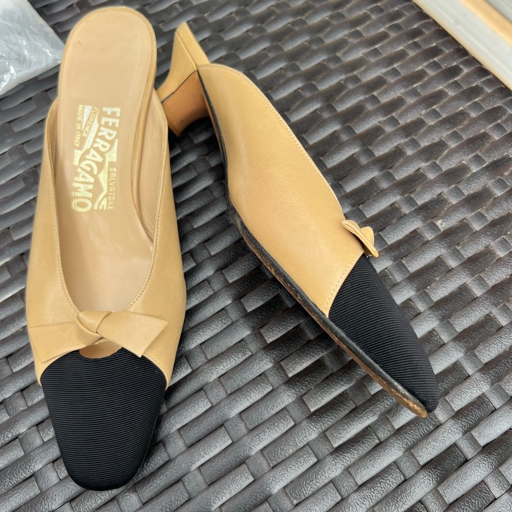 Salvatore Ferragamo-Tan & Black Bow Tie Leather Kitten Heels